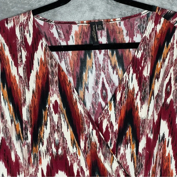 Susan Lawrence 2X Shirt Top Maroon Red Abstract Short Sleeve V Neck Stretch - Picture 3 of 6